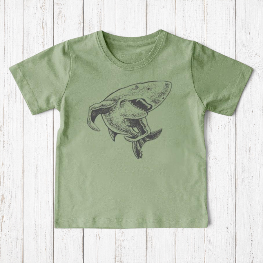 Kids' Shark Organic Cotton T-Shirt in sage green with dark shark illustration. Eco-conscious sea life tee for kids by Uni-T.