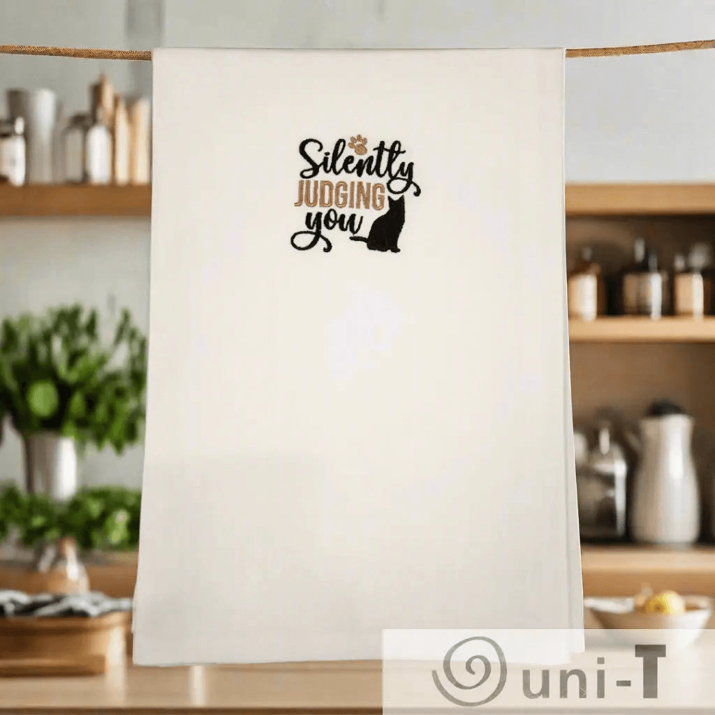 Silently Judging You Towel - Cat Embroidered | Kitchen Sass hanging in cozy kitchen, perfect small gift for cat lovers and home chefs.