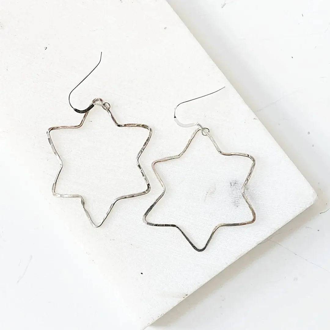 Sterling Silver Star Hoops - Silver Star Hoops with 6-sided star shape, lightweight and nearly 2 inches, ideal for everyday wear.