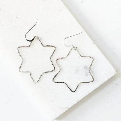Sterling Silver Star Hoops - Silver Star Hoops with 6-sided star shape, lightweight and nearly 2 inches, ideal for everyday wear.