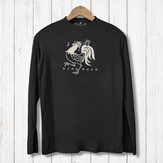 Black 'Sing More' chicken T-shirt for men made from bamboo and organic cotton with a musical rooster graphic. Eco-friendly long sleeve shirt.