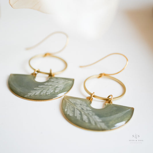 Emerald Earrings - Fern Moon Shadow with gold hoops and botanical fern design, holiday special by Seed&SoilShop. Elegant green shimmer finish.