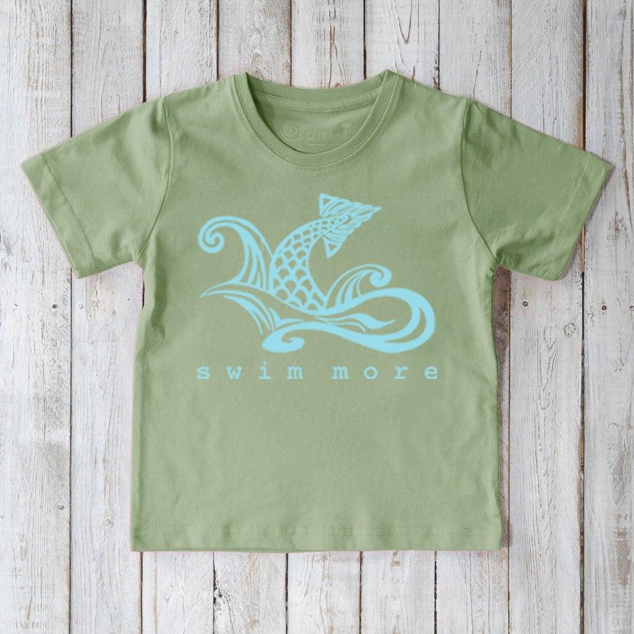Kids' Swim Organic Cotton T-Shirt in light green with blue swimmer graphic and 'swim more' text, sustainable water sports tee for children by Uni-T.