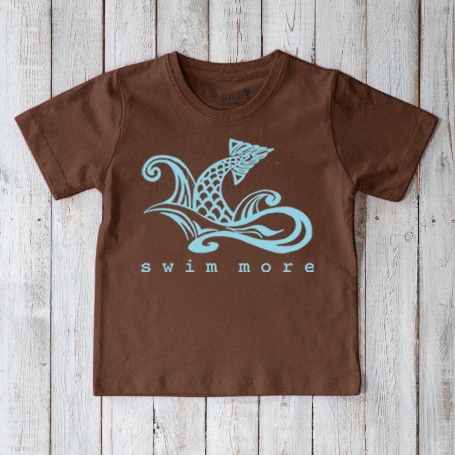 Brown Kids' Swim Organic Cotton T-Shirt with aqua swimmer graphic and 'swim more' text, sustainable and soft tee for active kids.