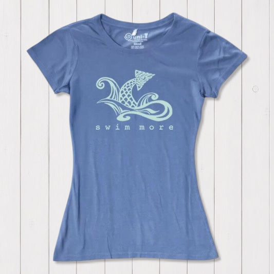 Women's swimming T-shirt in blue bamboo and organic cotton with 'Swim More' fish graphic. Eco-friendly beachwear top for swimmers by Uni-T.