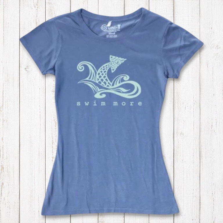 Women's swimming T-shirt in blue bamboo and organic cotton with 'Swim More' fish graphic. Eco-friendly beachwear top for swimmers by Uni-T.