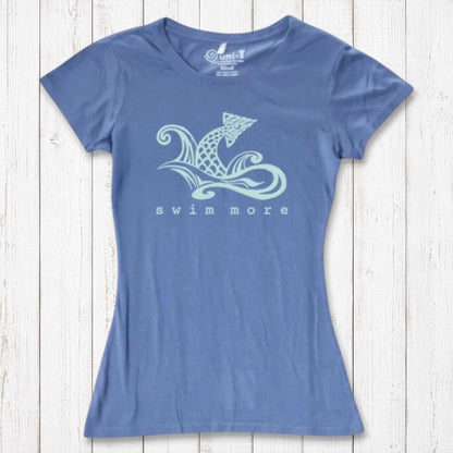 Women's swimming T-shirt in blue bamboo and organic cotton with 'Swim More' fish graphic. Eco-friendly beachwear top for swimmers by Uni-T.