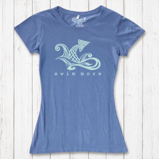 Women's swimming T-shirt in blue bamboo and organic cotton with 'Swim More' fish graphic. Eco-friendly beachwear top for swimmers by Uni-T.