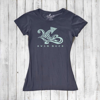 Dark navy women's 'Swim More' T-shirt in bamboo and organic cotton. Sustainable ocean-themed top for active beach lovers by Uni-T.