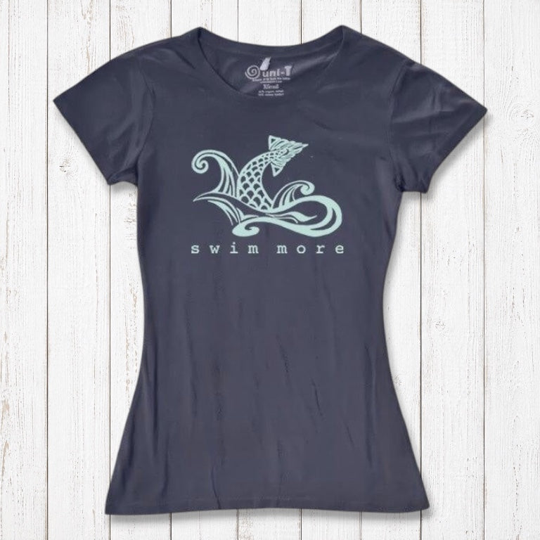 Dark navy women's 'Swim More' T-shirt in bamboo and organic cotton. Sustainable ocean-themed top for active beach lovers by Uni-T.