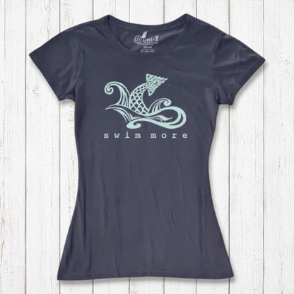 Dark navy women's 'Swim More' T-shirt in bamboo and organic cotton. Sustainable ocean-themed top for active beach lovers by Uni-T.