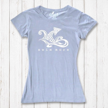 Light blue women's bamboo and organic cotton tee with white 'Swim More' graphic. Soft and breathable gift for swimmers by Uni-T.