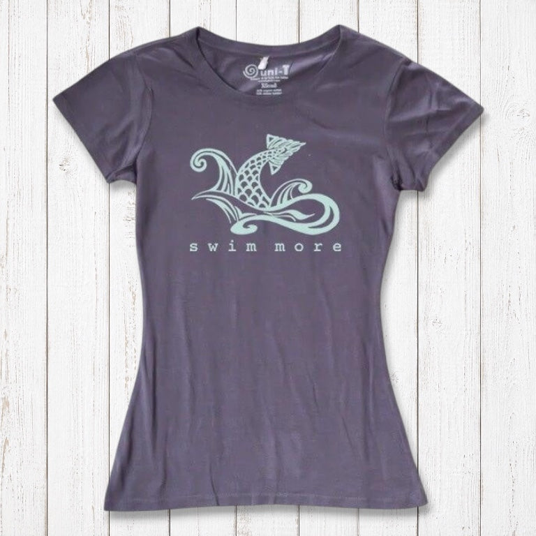 Charcoal grey women's 'Swim More' T-shirt in bamboo and organic cotton. Eco-conscious graphic tee for ocean lovers by Uni-T.