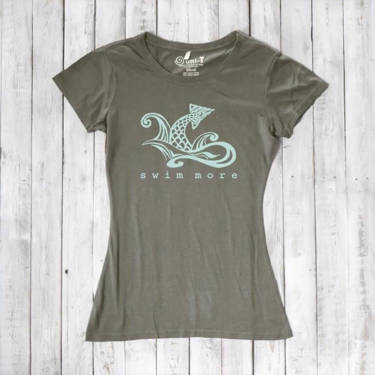 Olive green women's bamboo and organic cotton tee with 'Swim More' fish design. Sustainable swim-themed top by Uni-T.