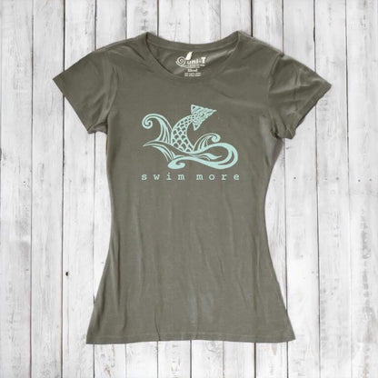 Olive green women's bamboo and organic cotton tee with 'Swim More' fish design. Sustainable swim-themed top by Uni-T.