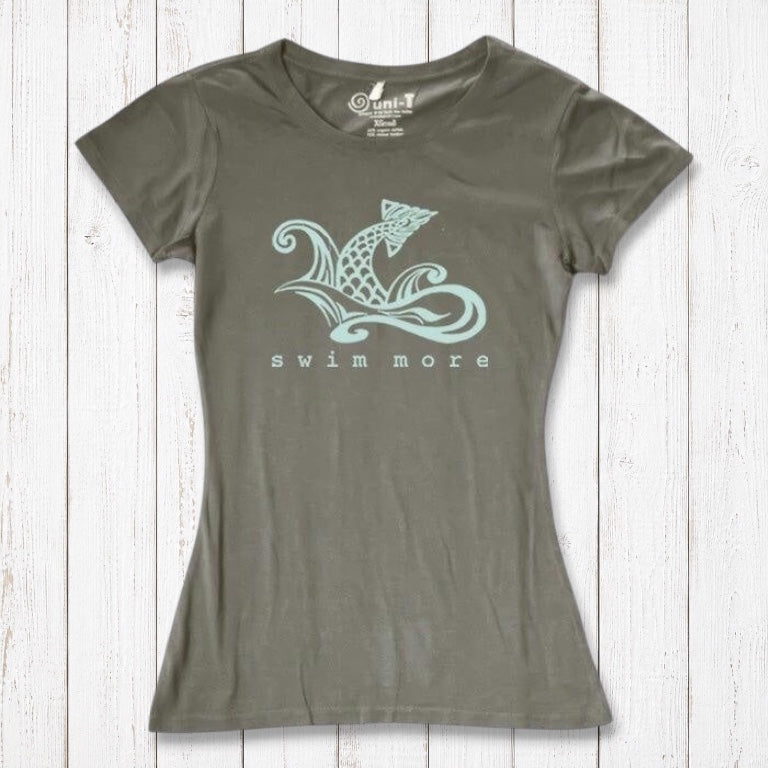 Olive green women's bamboo and organic cotton tee with 'Swim More' fish design. Sustainable swim-themed top by Uni-T.