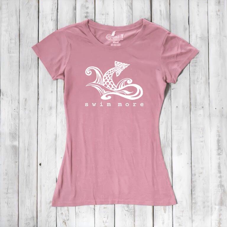 Pink women's bamboo and organic cotton tee with white 'Swim More' graphic. Ideal gift for swimmers and beachgoers by Uni-T.