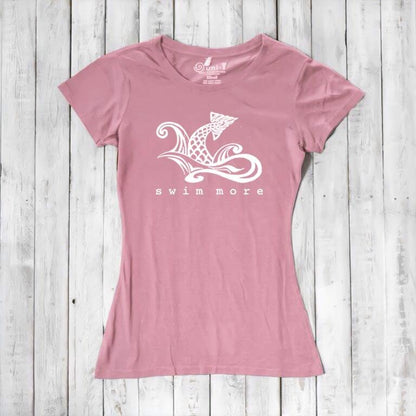 Pink women's bamboo and organic cotton tee with white 'Swim More' graphic. Ideal gift for swimmers and beachgoers by Uni-T.