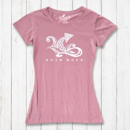 Pink women's bamboo and organic cotton tee with white 'Swim More' graphic. Ideal gift for swimmers and beachgoers by Uni-T.