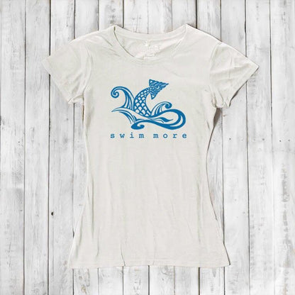 White women's 'Swim More' T-shirt with blue fish graphic, made from bamboo and organic cotton. Eco-friendly top for swimmers by Uni-T.