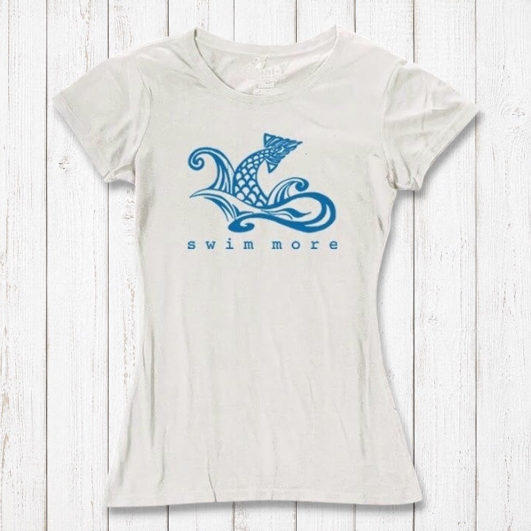 White women's 'Swim More' T-shirt with blue fish graphic, made from bamboo and organic cotton. Eco-friendly top for swimmers by Uni-T.