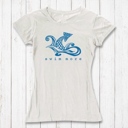 White women's 'Swim More' T-shirt with blue fish graphic, made from bamboo and organic cotton. Eco-friendly top for swimmers by Uni-T.
