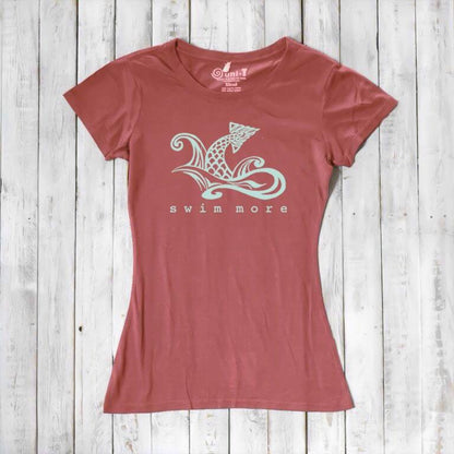 Coral red women's 'Swim More' T-shirt in bamboo and organic cotton. Ocean-inspired graphic top for active women by Uni-T.