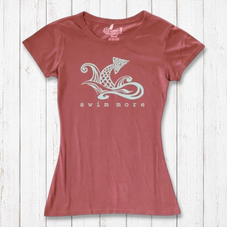 Coral red women's 'Swim More' T-shirt in bamboo and organic cotton. Ocean-inspired graphic top for active women by Uni-T.