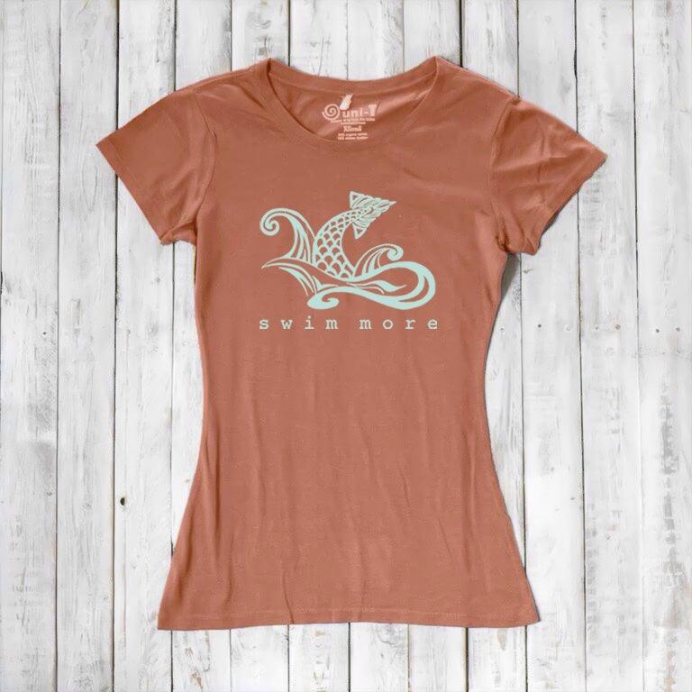 Rust orange women's 'Swim More' T-shirt made from bamboo and organic cotton. Comfortable and eco-friendly beachwear by Uni-T.
