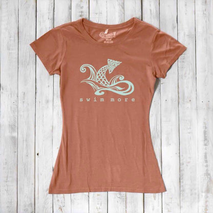 Rust orange women's 'Swim More' T-shirt made from bamboo and organic cotton. Comfortable and eco-friendly beachwear by Uni-T.