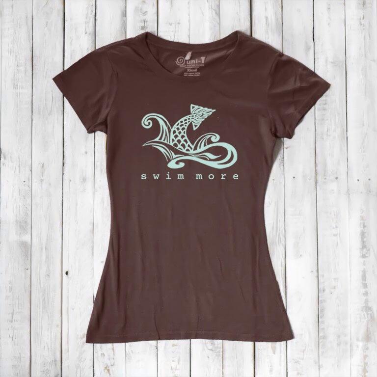 Chocolate brown women's bamboo and organic cotton tee with 'Swim More' fish graphic. Sustainable and stylish swimwear gift by Uni-T.