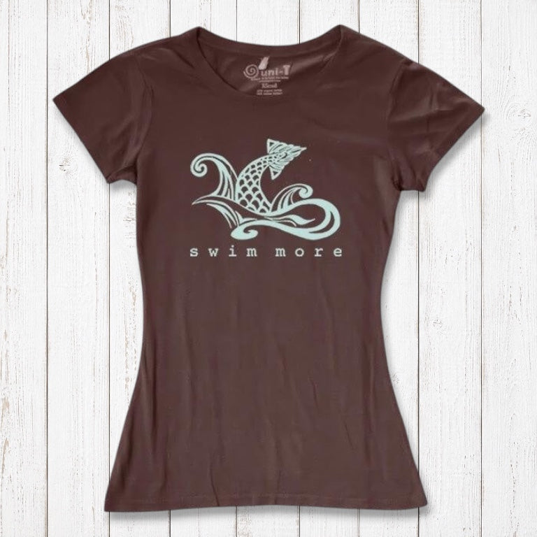 Chocolate brown women's bamboo and organic cotton tee with 'Swim More' fish graphic. Sustainable and stylish swimwear gift by Uni-T.