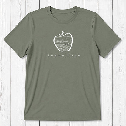 Olive green Men's Teacher T-Shirt in Bamboo & Organic Cotton featuring white apple graphic and 'learn more' message for educators.