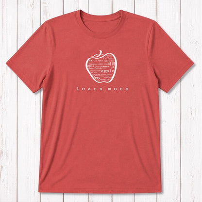 Red Uni-T Inspirational Graphic Tee for men with white apple graphic and 'learn more' slogan, sustainable gift for educators.