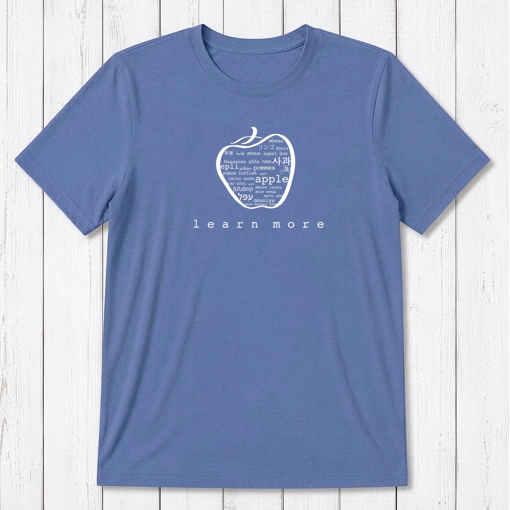 Blue Uni-T Inspirational Graphic Tee for men with white apple graphic and 'learn more' slogan, eco-conscious gift for educators.