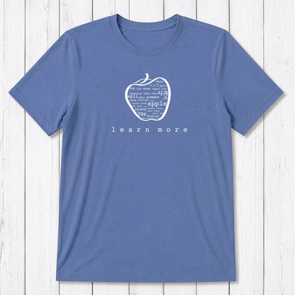 Blue Uni-T Inspirational Graphic Tee for men with white apple graphic and 'learn more' slogan, eco-conscious gift for educators.
