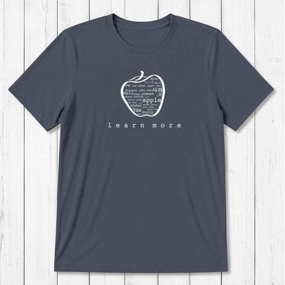 Charcoal grey Men's Teacher T-Shirt in Bamboo & Organic Cotton with white apple graphic and 'learn more' text, classic educator gift.