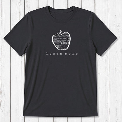 Black Men's Bamboo & Organic Cotton Graphic T-Shirt with tan apple design and 'learn more' message, perfect gift for teachers.