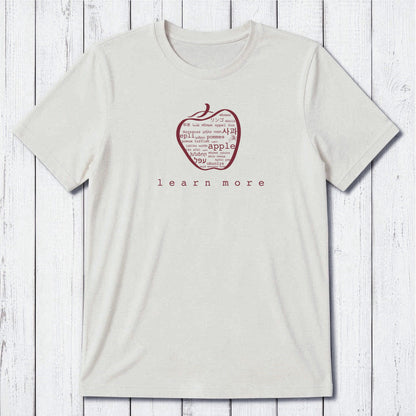 White Uni-T Inspirational Graphic Tee for men with green apple graphic and 'learn more' slogan, sustainable gift for educators.