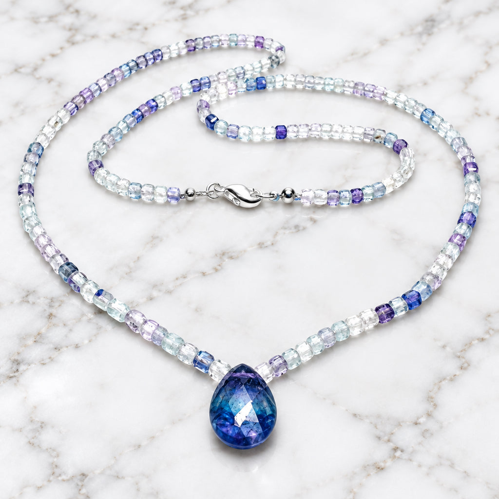 Tiny Square Beaded Fluorite Teardrop Necklace