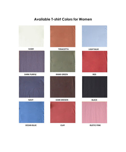 Color chart showing 12 available shades for Women's Bamboo & Organic Cotton 'Celebrate Tolerate^' T-Shirt, including ivory, navy, and rustic pink.