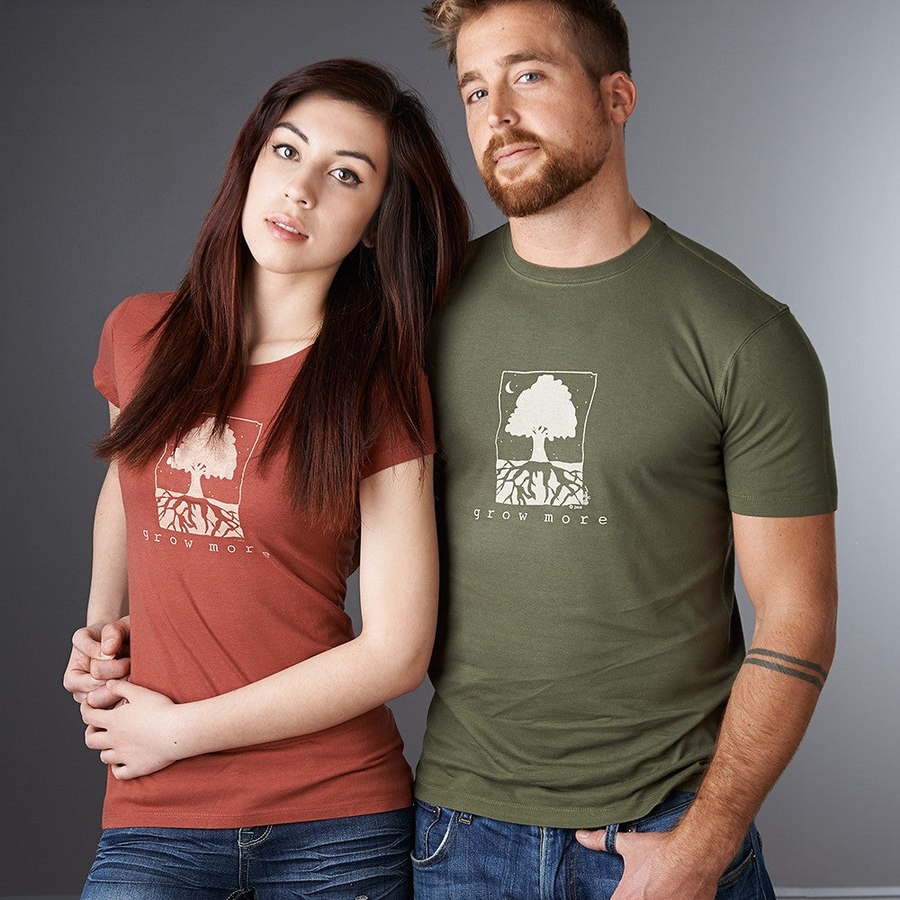 Couple wearing Uni-T 'Grow More' bamboo & organic cotton graphic tees in earthy tones, ideal gift for plant lovers.