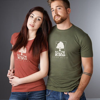 Couple wearing Uni-T 'Grow More' bamboo & organic cotton graphic tees in earthy tones, ideal gift for plant lovers.