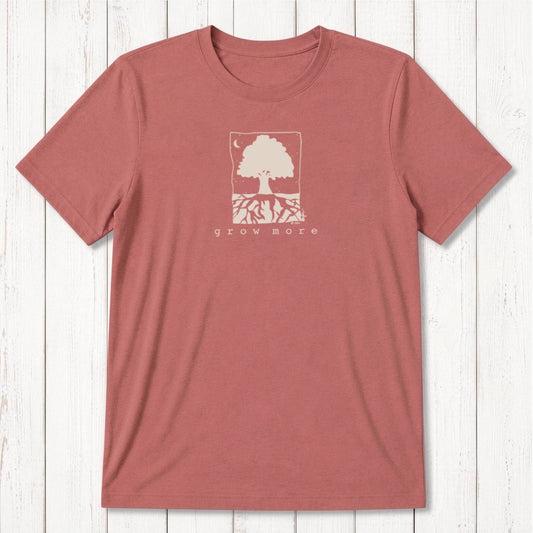 Rust red men's gardening graphic tee with light blue 'Grow More' tree design, made from bamboo and organic cotton.