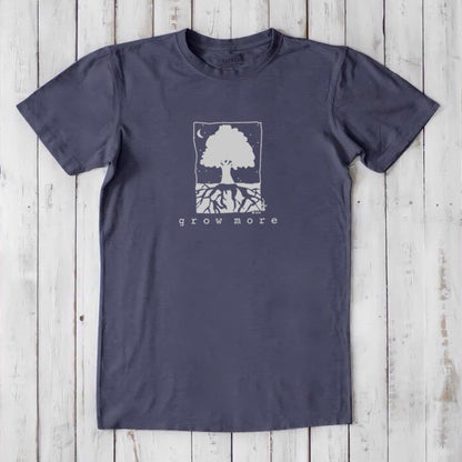 Classic fit navy blue men's bamboo and organic cotton t-shirt with white tree and root 'Grow More' gardening graphic.