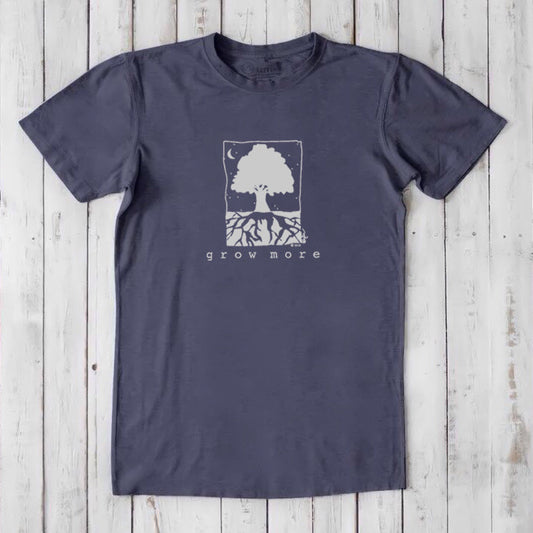 Classic fit navy blue men's bamboo and organic cotton t-shirt with white tree and root 'Grow More' gardening graphic.