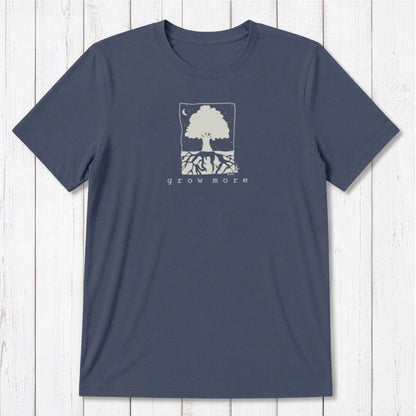 Classic fit navy blue men's bamboo and organic cotton t-shirt with white tree and root 'Grow More' gardening graphic.