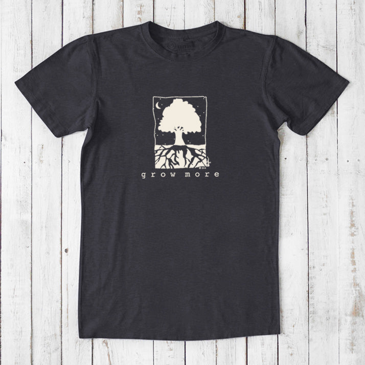 Charcoal black men's bamboo and organic cotton t-shirt with cream 'Grow More' tree graphic, perfect for gardeners.