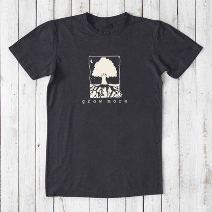 Charcoal black men's bamboo and organic cotton t-shirt with cream 'Grow More' tree graphic, perfect for gardeners.