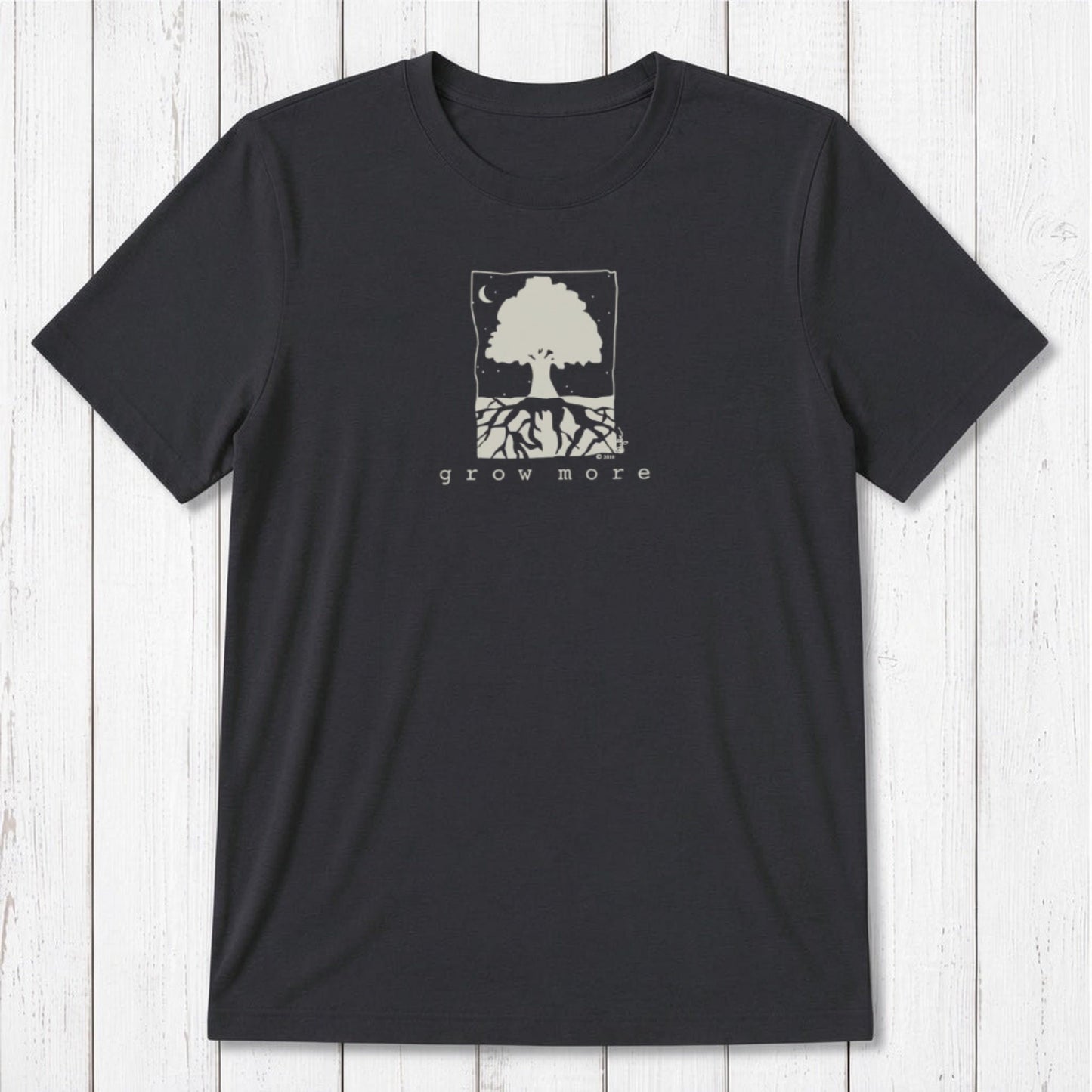 Charcoal black men's bamboo and organic cotton t-shirt with cream 'Grow More' tree graphic, perfect for gardeners.
